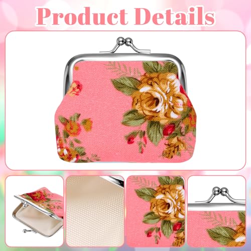 24pcs Canvas Floral Coin Purses, Vintage Kiss Lock Canvas Floral Buckle Coin Purse Change Purses for Women, 4 X 3 Inch Fabric Coins Purse Rose Flower Wallet for Women, Bulk Small Wallets Party Favors