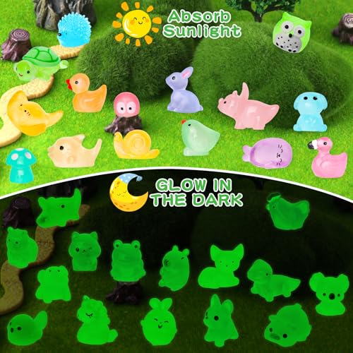 200PCS Luminous Mini Resin Animals 30 Types Miniature Resin Animal Figurines to Hide Bulk Glow in The Dark Tiny Ducks Frogs Small Cat Bunnies for Fairy Garden Micro Landscape Dollhouse Accessories - color: 200pcs-animals