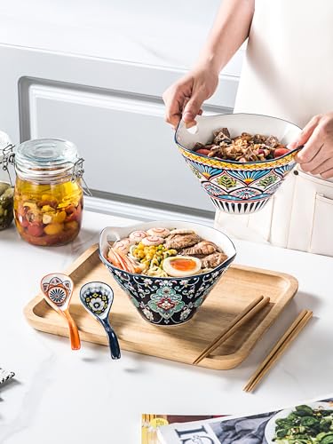 HENXFEN LEAD Boho Ramen & Pho Bowls Set of 2, 30 oz Ceramic Noodle Bowls