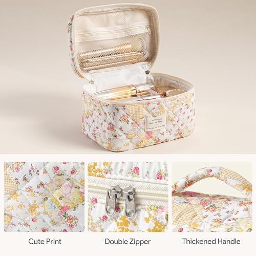 HBselect Quilted Makeup Bag, 3Pcs Cotton Large Travel Makeup Bags Organizer - color: A-3PCS-Floral 37