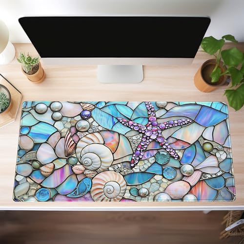 Stained Glass Desk Mat Large Mouse Pad Extended Desk Pad, Gaming Computer Mouse Mat XXL, Big Desktop Keyboard Mat, Full Desk Laptop Pad for Office Work, Ocean Desk Decor Aesthetic 31.5×15.7 Inch - color: Coastal Seashells