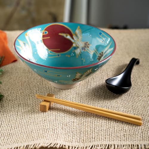 Urban Tokyo 24oz Large Ceramic Ramen Bowl Set with Chopsticks, Spoon & Bamboo Rest – Oriental Japanese Design, Microwave & Dishwasher Safe (Moon Crane) - color: Moon Crane