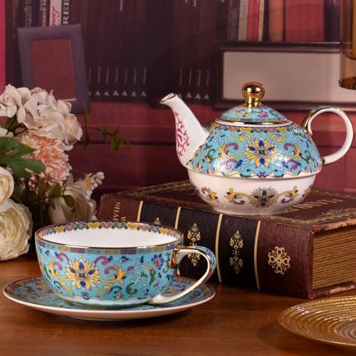 KAMMAK Tea for One Set, Ceramic Teapot, Bone China Tea Set, Cup and Saucer - color: Lake Blue