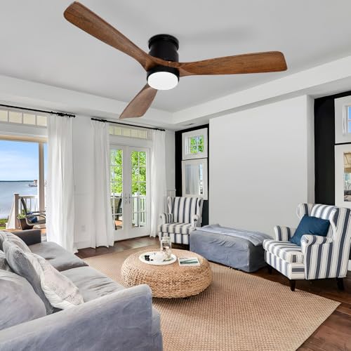 52 Inch Amber Wood Ceiling Fan with Lights - color: Flush Mount - Amber wood