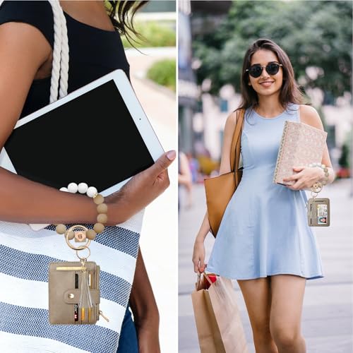 COOLANS Silicone Bracelet Wristlet Wallet Credit Card Holder RFID ID Window Key Ring Tassel Slim Wallet Women Keychain Purse - color: Brown
