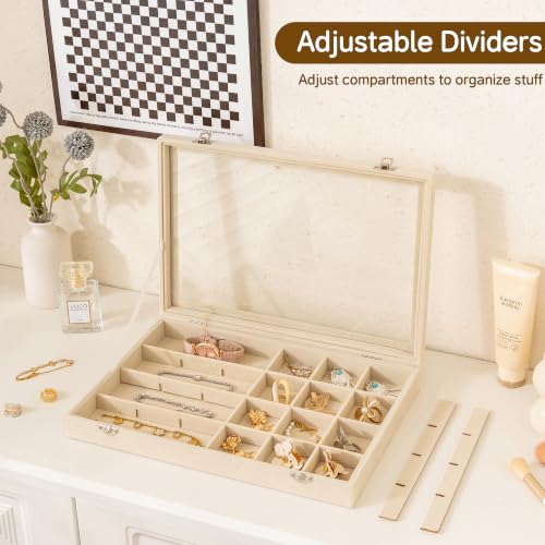 Frebeauty 24 Grid Earring Organizer,Velvet Jewelry Tray with Clear Lid - color: Beige, size: 24 Grid