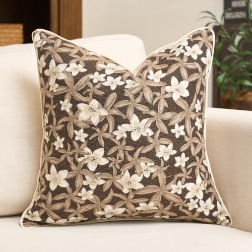 Aeckself Neutral Floral Pillow Cover 18 x 18 Inch, Vintage Chenille Square Throw Pillow Cover Soft Home Decorative Farmhouse Accent Couch Pillow Cover for Living Room Bedroom, Brown - color: Brown, size: 18" x 18" (Pack of 1)