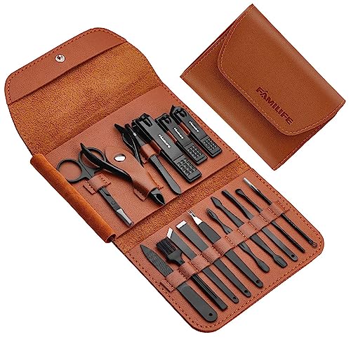 FAMILIFE Gifts for Men, Manicure Set Clippers Manicure Kit Nail Clipper Sets 16pcs Mens Grooming Kits Professional Stainless Steel Nail Kit Brown Leather Case Travel Kits - color: Medium Brown