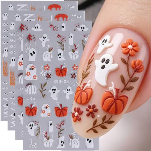 Halloween Nail Art Stickers Decals 5D Embossed Halloween Nail Decals 4PCS Ghost Bandage Eye Ball Spider Web Pumpkin Nails Design Adhesive Stickers Manicure Supply for Women DIY Nail Art Decorations - style: style6
