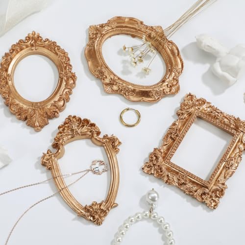 Cabilock 4 Pcs Mini Vintage Gold Picture Frames, Small Antique Resin Photo Frames for Tabletop, Wall Decor, Wedding Table Numbers, Place Cards, DIY Crafts and Jewelry Display