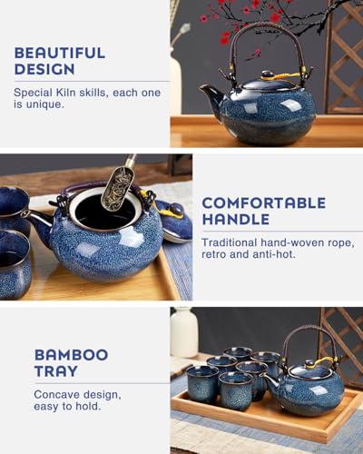 DUJUST Japanese Tea Set for 6, Kiln Altered Glaze Porcelain Tea Set with 1 Teapot, 6 Tea Cups & 1 Tea Tray, Unique Chinese Tea Sets for Adults/Tea Lovers/Women/Men, Blue - color: Teasets - Blue