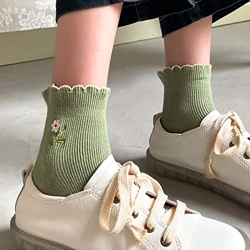 zrylibya Women Ruffle Frilly Floral Embroidery Scallop Ankle Socks 5 Pairs - color: Multicolor a