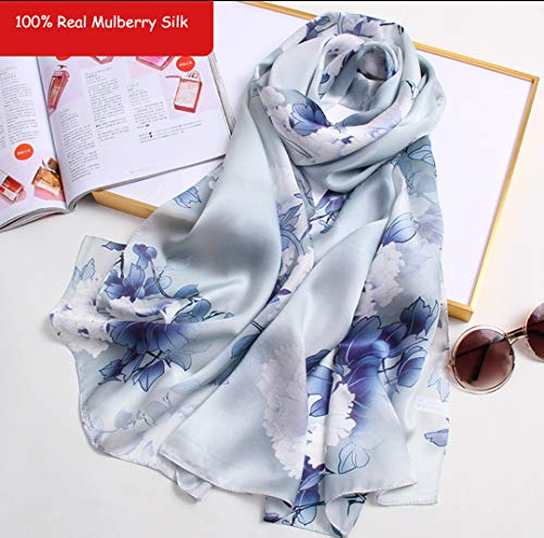 ANDANTINO 100% Silk Long Scarf-Women Large Oblong Shawls with Gift Packed - color: Dusty Blue Peony