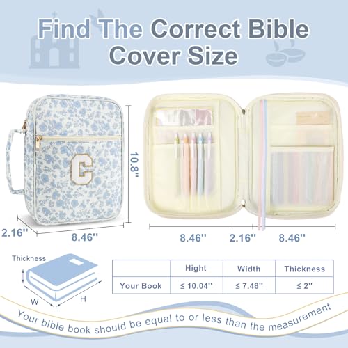 Personalized Initial Bible Cover Case for Women Girls Kid - Large Quilted Bible Case with Handle,Chenille Letter Bag Study Supplies,Christmas Gifts for Christians Birthday Graduation(Blue Flower-C) - color: Blue Flower, size: letter-C