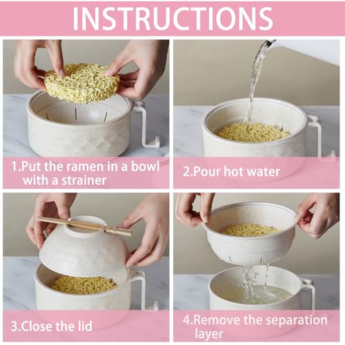 2 Sets 40 oz Microwave Ramen Bowl with Handles, Beige, Pink - color: Beige, Pink