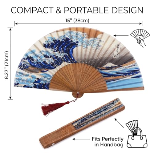 Silk Folding Hand Fan with Kanagawa Sea Waves, 15” Handheld Bamboo Accessory with Tassel, Portable Oriental Art, Wedding Favor, Festivals (Kanagawa Sea Waves) - color: Blue and Orange