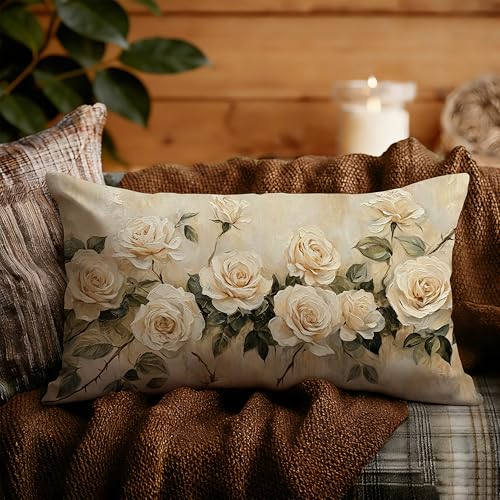 French Country Rose Floral Pillow Cover 12x20 Double-Sided, Vintage Cream Flower Decorative Lumbar Throw Pillow Cover for Home Bedroom Living Room - color: A-rose-3, size: 20" x 12" (Pack of 1)