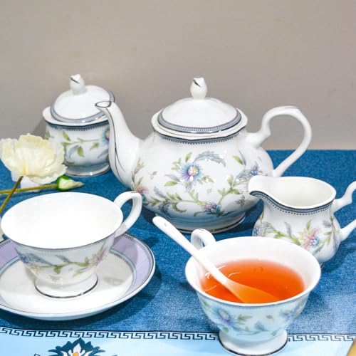 Bone China Tea Set, 21-Pieces Porcelain Tea Set for Adults, Tea Cups And Saucers for 6, with Teapot, Spoons, Sugar Bowl, Creamer Pitcher, Vintage Tea Set for Women Tea Party (Purple) - color: Purple