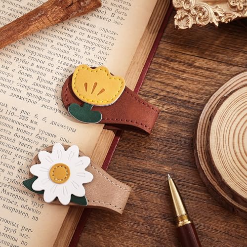 2PCS Vintage Magnetic Leather Bookmark, Leather Magnetic Bookmarks for Women, Magnetic PU Bookmarks Clip Book Accessories, Daisy & Tulip - style: Daisy & Tulip