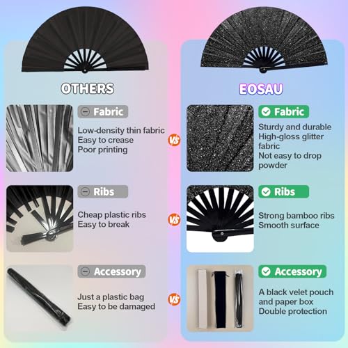 EOSAU Large Glitter Rave Fan, Folding Hand Fans for Line Dancing, Black - color: 13" Black 01