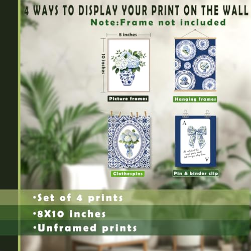 LUKIPOM Blue Chinoiserie Hydrangea Wall Art Poster,Coquette Blue and White Floral Grandmillennial Canvas Wall Decor Gifts for Women Teen Girls Home Bedroom Living Room，8x12in Set of 4 Unframed - color: Color 006