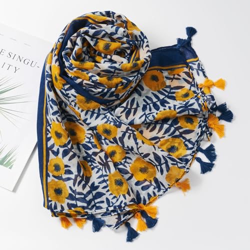 QIUTIMIY Scarf for Women Lightweight Soft Floral Leopard Printed Scarves Fall Winter Fashion Shawl Wrap with Fringe - color: Flower-yellow Blue