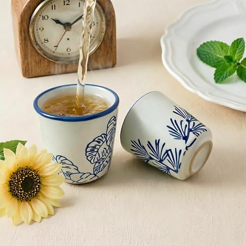 6 oz Japanese Tea Cups, Matcha Cups Ceramic, Handless Espresso Cups - color: Blue-Plants 2