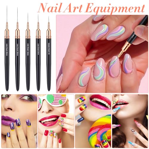 5 Pcs Metallic Nail Art Brushes Liner Brushes Set with Nail Art Mixing Palette Nails Dotting Drawing Tool for Long Lines Thin Detail Fine Liner Brush UV Gel Polish Painting Nails Design 4/8/12/20/25mm - color: Black