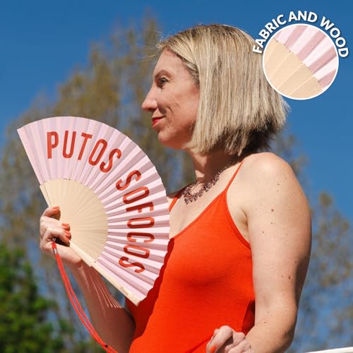 Fisura – Original folding fan with message P*tos sofocos, wooden handheld fan for women, menopause relief accessory, perfect for party, travel, or gift - color: P*tos Sofocos, Pink