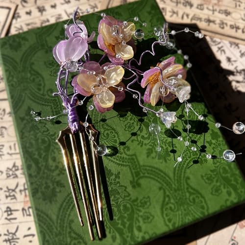 Purple Jasmine Hairpin Chinese Hanfu and Han Style Hair Retro Flower with Metal Handmade Hair Clip Hair Accessories for Women Girls Long Hair (Purple Jasmine Flower) - color: Purple Jasmine Flower