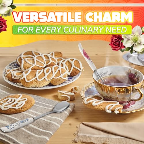 6 Pcs Coffee Spoons Set, 6.1", Floral Ceramic Handle and Stainless Steel - color: 6 Pcs Floral Ceramic Handle Spoons Set