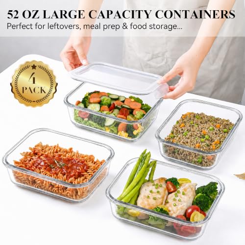 LOVYANXUE 4 Pack 52oz Large Glass Food Storage Containers with Lids, Meal Prep Containers, Glass Storage Containers with Airtight Lid for Storing, Heating, Serving, BPA-Free, Microwave & Oven Safe - color: Grey