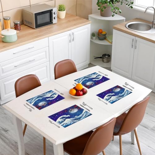 Feelyou Japanese Wave Placemats Set of 4 Ocean Wave Placemat for Kitchen Dining Table 18"x12" Cherry Blossoms Home Decor Table Place Mats Blue Japanese-Style Indoor Outdoor Decor Table Mats - color: Dark Blue