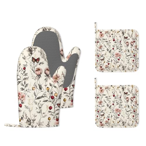 Retro Pink Floral Butterfly Heat-Resistant Silicone Oven Mitts and Pot Holders,Long Oven Gloves with Non-Slip Grip for Cooking, Baking, Grilling,BBQ - color: Retro Pink Floral Butterfly
