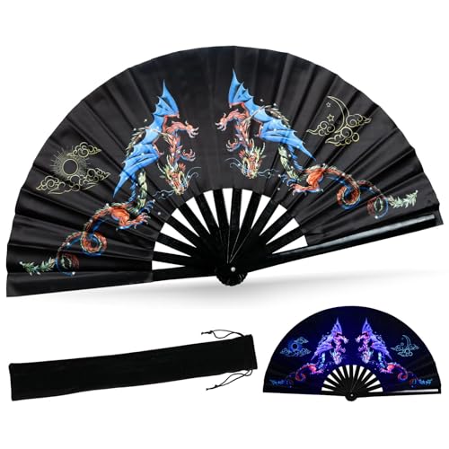 SYNTECSO Folding Hand Fan for Rave, UV Glow Clack Fan - color: Dragons