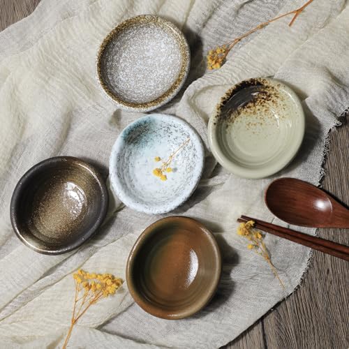 Colias Wing 3.5 Inch Retro Style Brown Stylish Design Multipurpose Porcelain Side Dish Bowl Seasoning Dishes Soy Dipping Sauce Dishes-Set of 5 - color: Set-of-5-Assorted-2