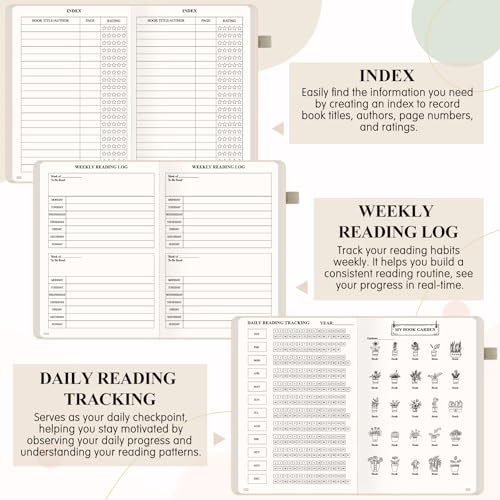 AKONEGE Reading Journal for Book Tracking - PU Leather Book Journal Reading Log with 80 Reviews for Readers, Accessories with Sticky Tabs, Pen Holder, Ribbon Bookmarks, 5.6" x 8.3", White - color: White