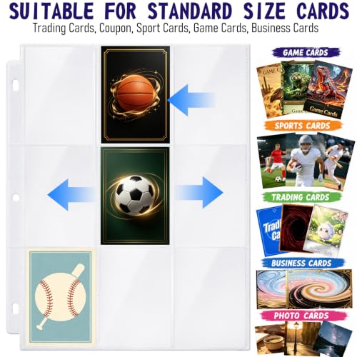 9 Pocket Page Protectors,Double-Sided Trading Card Sleeves for 3 Ring Binder,Acid-Free Baseball Cards Holder, Protective Pages Sheets for Collectible Games, Sports Cards（50Pack, Clear, Side-Loading) - color: Clear, size: Side-Loading