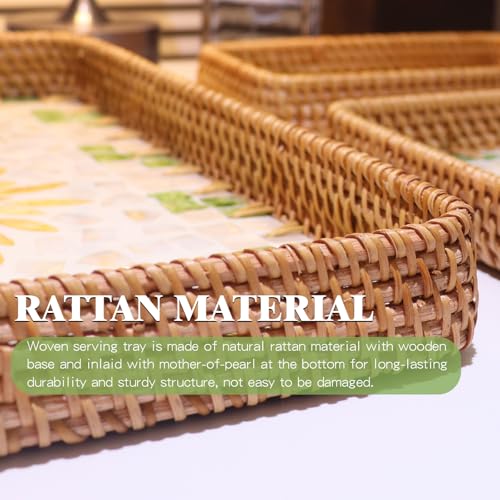 Rectangle Rattan Serving Tray with Mother of Pearl Inlay, Handmade Wicker Coffee Table Basket for Fruit Bread Food Tea Party Picnic Table Kitchen Home Boho Decor 3 Sizes (Yellow Flower) - color: Yellow Flower