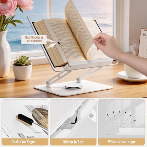 HAUTOCO Adjustable Acrylic Book Stand for Reading, 360° Rotating Base, Foldable Desktop Book Holder with Elastic Page Clips, Hands-Free Cookbook Stand for Laptop, Tablet, Recipe, Textbook, Music Score - color: White