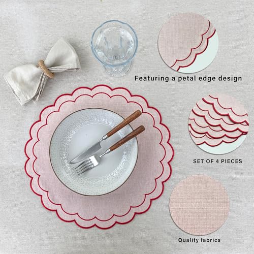 Linen Cotton Placemats Set of 4 Scalloped Flower Embroidery Place Mats 15'' Natural Linen Texture Fabric Machine Washable Table Mats for Restaurant Kitchen,Table Decor(Powder Pink) - color: Powder Pink