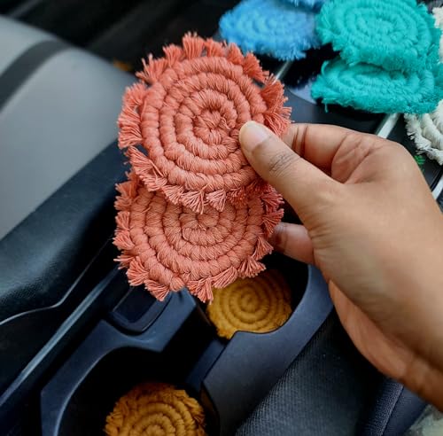 Cotton Car Coasters for Cup Holders, 2PC Car Cup Coasters, Drink Coaster Holder, Cute cupholder Coaster Accessories for Women, Macrame, Boho (Cafe Latte) - color: Cafe Latte