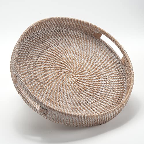 Round Rattan Serving Tray Decorative Woven Ottoman Trays with Handles for Coffee Table White (Small 11.8 inch x 2 inch) - color: Whitewash, size: 11.8"
