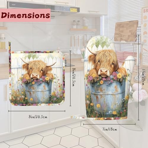 Cute Highland Cow Flowers Garden Heat-Resistant Silicone Oven Mitts and Pot Holders 4 Piece Set,Extra Long Non-Slip Kitchen Oven Gloves for Cooking, Baking, BBQ,Grilling - color: Cute Highland Cow Flowers Garden