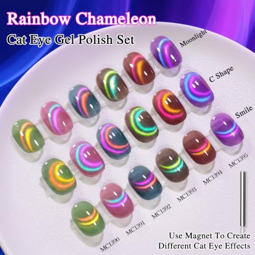 Double Rhythm Cat Eye Gel Nail Polish Set of 6 Same Color Same Bottle 0.5 Oz Shimmer Glitter with Magnet Holographic Reflective Magnetic UV Nail Polish Kit at Home (T6-119) - color: Chameleon Rainbow