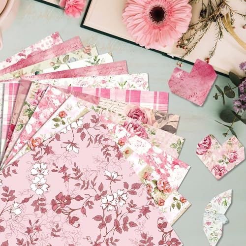 Pink Scrapbook Pattern Paper Pink Flower Junk Journal Papers Pad 12×12,24 Sheets Double-Sided Bobo Floral Scrapbooking CardStock Paper Pad for Holiday Cardmaking DIY Papers. - color: WW212