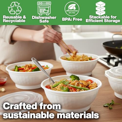 Disposable Noodle Bowls with Lids 36 oz, White Microwaveable Noodle Bowls with Lids Durable, Reusable & Leak-Resistant Food Containers | Microwave & Freezer Safe, 40 Sets, White - color: White, size: 36oz