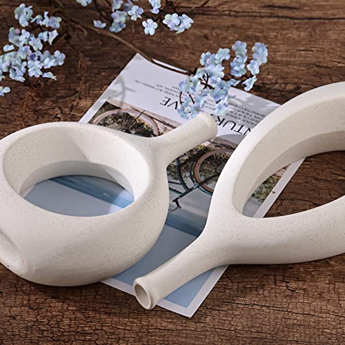 Off White Ceramic Hollow Elliptical Vase Set of 2 - Boho Circle Vase with Hole, for Modern Off White Table Decor, Living Room Decor Shelf mid Century Modern Home Entrance Decorative vase - color: Vintage White