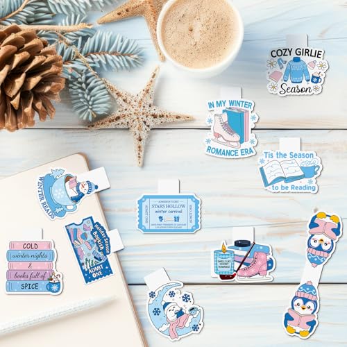 10Pcs Winter Magnetic Bookmarks - Cozy Winter Reader Bookmarks for Reading, Romance Blue Book Mark Clips Page Markers for Reading Club Book Lover Students Teachers Friends Holiday Season Bookish Gifts - style: Cozy Winter