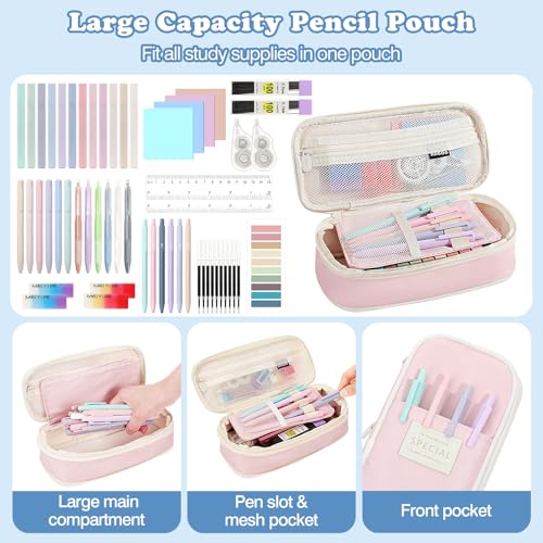 MoKo Pencil Case with Supplies, 56Pcs Aesthetic School Set, Pink - color: Pink-56P